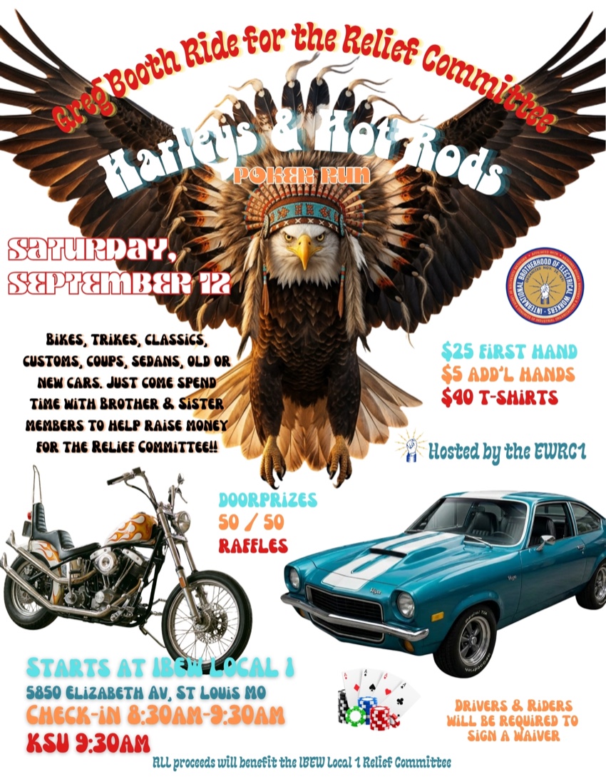 Flyer for the 2026 Greg Booth Ride, a Harleys and Hot Rods poker run on Saturday, September 12, 2026, benefiting the IBEW Local 1 Relief Committee.